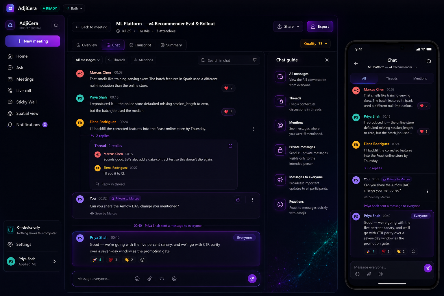 AdjiCera Pro chat view with threads, private messages, reactions and mobile preview